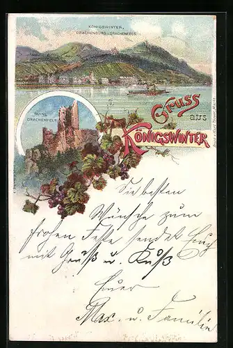 Lithographie Königswinter, Drachenburg und Drachenfels, Ruine