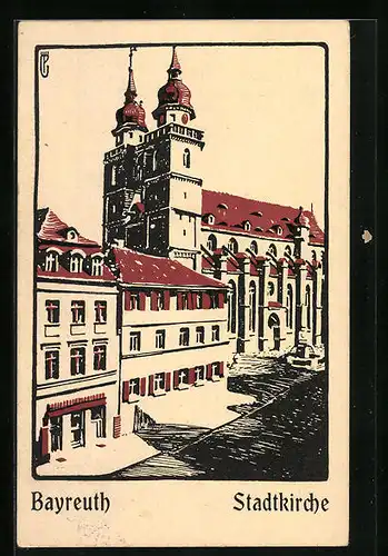 Steindruck-AK Bayreuth, Blick zur Stadtkirche