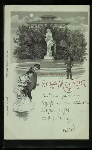 Mondschein-Lithographie München, Spaziergang am Buberlbrunnen