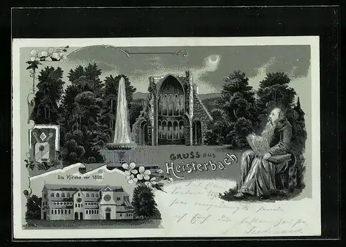 Mondschein-Lithographie Heisterbach, Die Kirche vor 1808, Wasserspiel mit Ruine