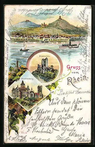 Lithographie Königswinter a. Rh., Uferpartie mit Dampfer, Drachenfels