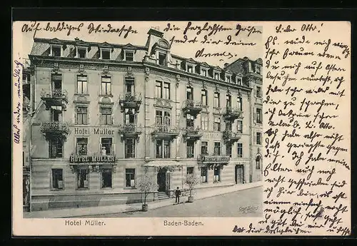 AK Baden-Baden, Strassenpartie mit Hotel Müller