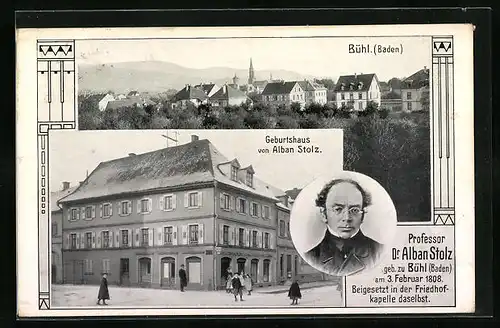 AK Bühl in Baden, Geburtshaus von Alban Stolz mit Portrait, Totalansicht