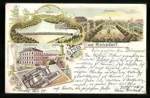 Lithographie Ronsdorf, Thalsperre, Marktplatz, Königl. Webeschule, Steigerturm