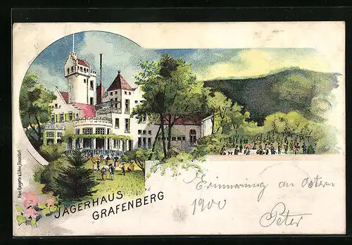 Lithographie Grafenberg b. Düsseldorf, Gasthof Jägerhaus mit Gästen