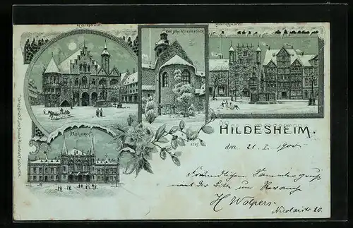 Winter-Lithographie Hildesheim, Rathaus, 1000 jähr. Rosenstock, Marktplatz und Bahnhof im Mondschein