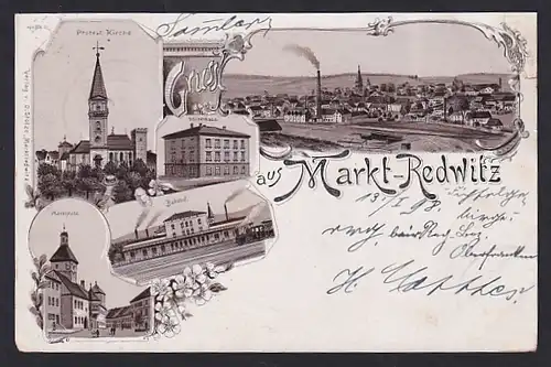 Lithographie Markt-Redwitz, Protest. Kirche, Waisenhaus, Marktplatz, Bahnhof, Totalansicht