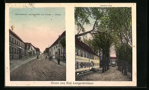 AK Bad Langenbrücken, Eisenbahnstrasse mit Geschäft von Thome - Lorenz, Amalien Bad