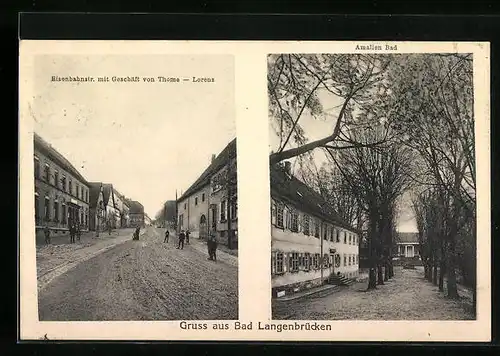 AK Bad Langenbrücken, Eisenbahnstrasse mit Geschäft von Thome-Lorenz, Amalien Bad