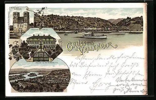 Lithographie Vallendar, Ansicht von der Humboldtshöhe, Pensionat Marienburg, Klosterruine Schönstätt