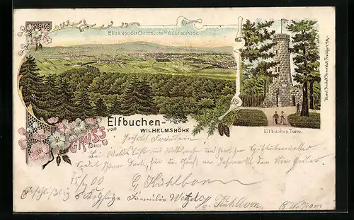 Lithographie Kassel, Elfbuchen-Wilhelmshöhe, Blick von der Christbuche, Elfbuchen-Turm