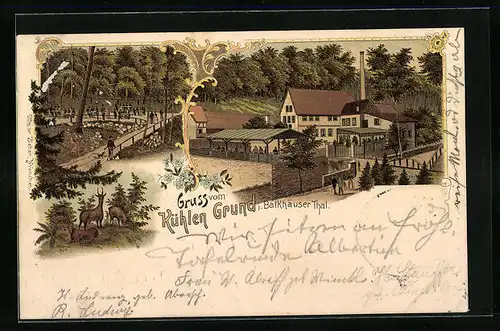 Lithographie Jugenheim a. d. Bergstrasse, Gasthaus Kühler Grund im Balkhäuser Tal