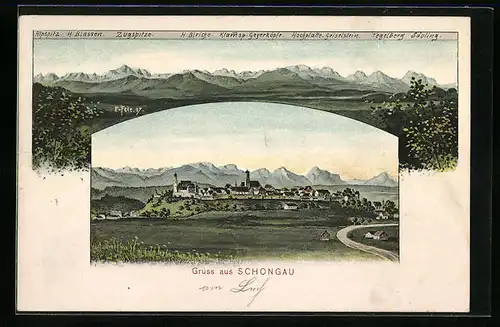 Künstler-AK Eugen Felle: Schongau, Teilansicht, Bergpanorama mit Zugspitze, Tegelberg und Säuling