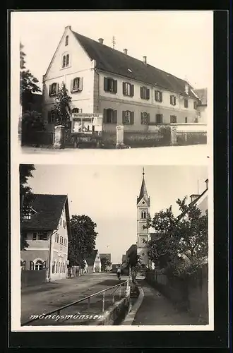 AK Münchsmünster, Gebäudeansicht mit Freianschlags-Tafel, Strassenpartie mit Kirche