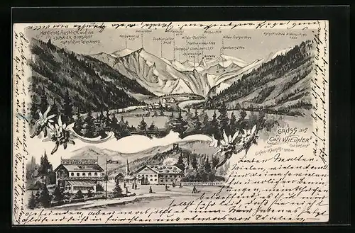 Künstler-AK Ratschings, Carl Wiedners Gasthaus zur Gilfenklamm, Ortsansicht mit Gipfelbezeichnungen