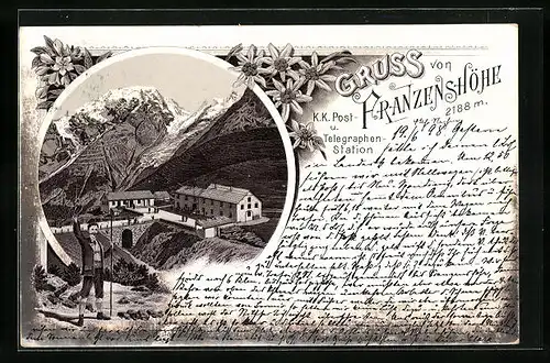 Lithographie Franzenshöhe, Post- und Telegraphenstation, Winkender Wanderer, Edelweiss