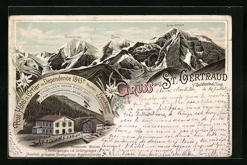 Lithographie St. Gertraud, Post-Hotel zum Ortler mit Dependence, Bergpanorama mit Ortler