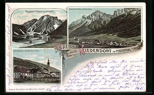 Lithographie Niederdorf im Pusterthal, Gesamtansicht, Teilansicht nördlicher Theil, Pragser Wildsee