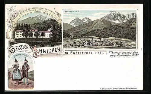 Lithographie Bruneck im Pustertal, Wildbad Innichen, Pustertaler Volkstracht, Teilansicht mit Haunold