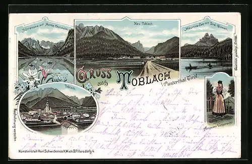 Lithographie Toblach i. Pustertal, Dürrensee mit Monte Christallo, Misurina-See mit Drei Zinnen, Ampezzo Volkstracht