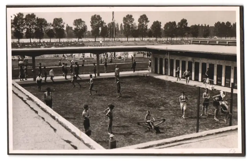 39 Fotografien Bademode, Ansicht Karlsruhe, Rheinstrandbad Rappenwört, Sport, Tischtennis, Strassenbahn, Hochwasser Boxen 25