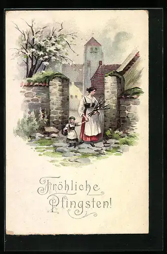 Künstler-AK Fröhliche Pfingsten, Mutter mit Söhnchen im Dorf