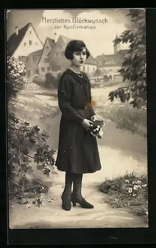 AK Glückwünsche zur Konfirmation, Mädchen mit Blumenbouquet und Gebetsbuch