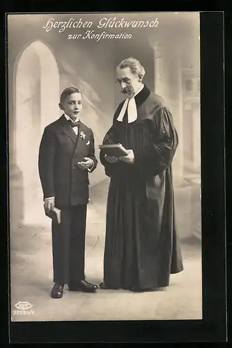 AK Glückwünsche zur Konfirmation, Junge im Anzug mit Pfarrer