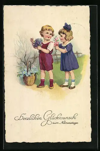 Künstler-AK Kinder mit Blumen zum Namenstag