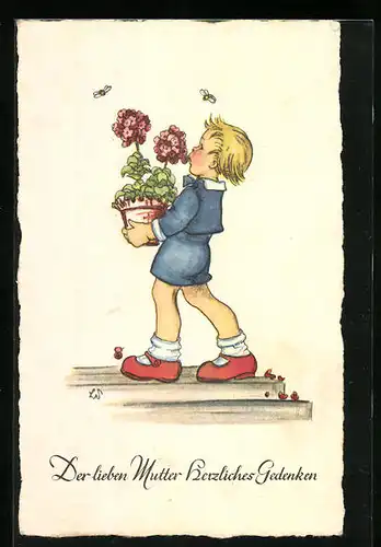 Künstler-AK Der lieben Mutter herzliches Gedenken, Junge mit Blumen