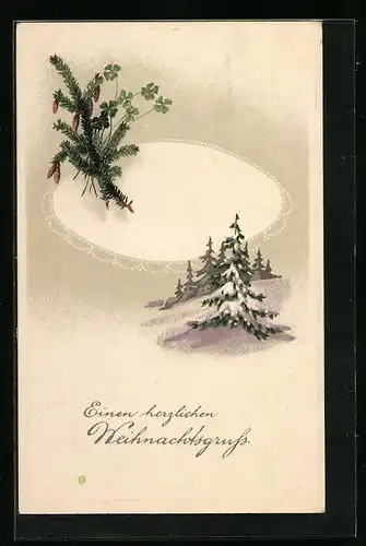 Präge-AK Weihnachtsgruss mit Tannenzweig und Kleeblättern