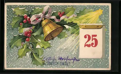 Künstler-AK Frohe Weihnachten, Stechpalmenzweige mit Glocke