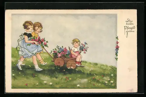 Künstler-AK Pfingstgrüsse mit Kind im Bollerwagen