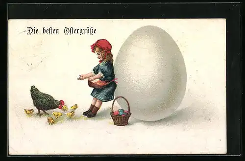 Künstler-AK Ostergrüsse, Mädchen füttert Huhn und Osterküken