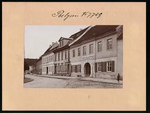 Fotografie Brück & Sohn Meissen, Ansicht Belgern, Gasthof zum Kaiser Friedrich & Apotheke am Marktplatz