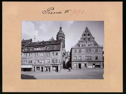 Fotografie Brück & Sohn Meissen, Ansicht Pirna, Obermarkt mit Lederhandlung Teichmann, Drogerie & Laden von E. Schumann