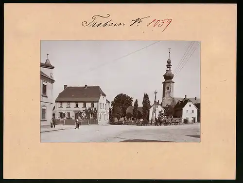 Fotografie Brück & Sohn Meissen, Ansicht Trebsen, Wurzener Platz mit Meischerei Paul Müller & Kirche