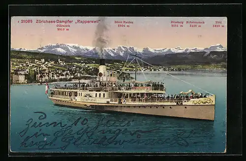 AK Dampfer Stadt Rapperswil auf dem Zürichsee mit Schweizer Alpenpanorama