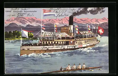 AK Salondampfer Helvetia auf dem Zürichsee mit Schweizer Alpenpanorama