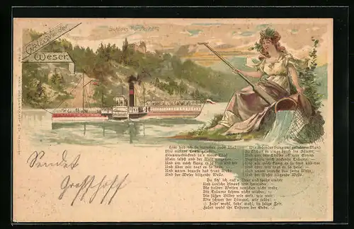 Lithographie Weser-Dampfer mit Schloss Fürstenberg und allegorischer Frauengestalt