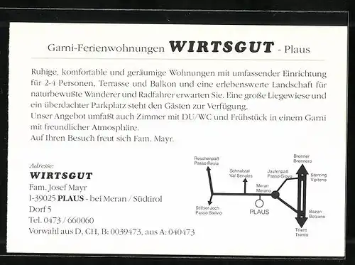 AK Plaus bei Meran, Pension Garni Wirtsgut, Innenansichten