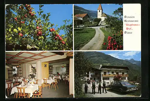 AK Plaus /Meran, Pension Restaurant Stephanshof, Innenansicht, Ortspartie mit Kirche