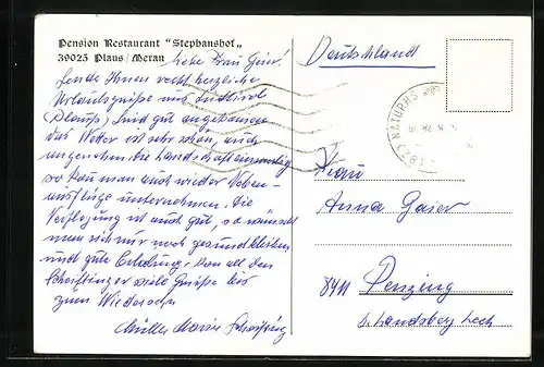 AK Plaus /Meran, Pension Restaurant Stephanshof, Innenansicht, Ortspartie mit Kirche