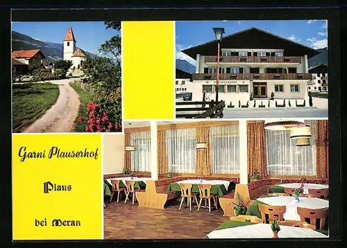 AK Plaus bei Meran /Vinschgau, Pension Garni Plauserhof, Innenansicht, Ortspartie mit Kirche