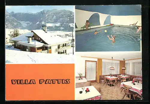 AK Sterzing, Gästehaus Villa Patis im Schnee, Innenansichten Gastraum und Schwimmbad