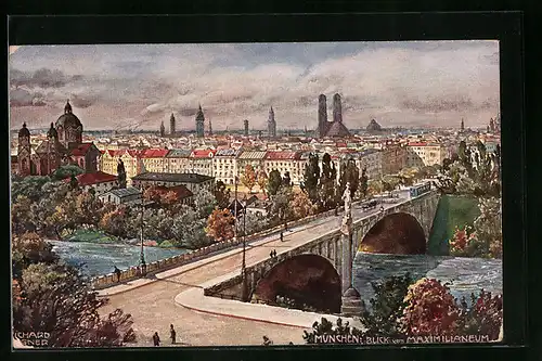 Künstler-AK Richard Wagner: München, Blick vom Maximilianeum auf den Ort mit Brücke