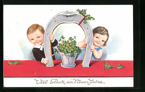 Künstler-AK John Wills: Kinderpaar mit Hufeisen, Neujahrsgruss