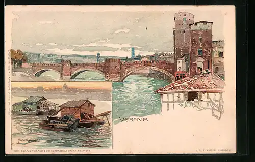 Künstler-AK Manuel Wielandt: Verona, Panorama, Hausboote vor der Küste