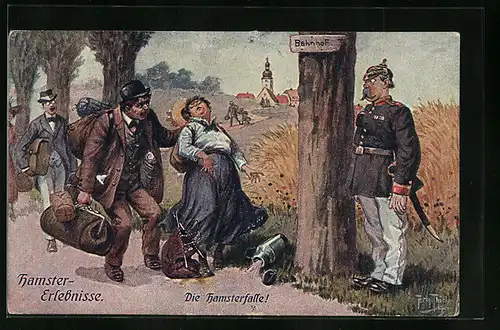 Künstler-AK Arthur Thiele: Hamster-Erlebnisse - Die Hamsterfalle eines Polizisten