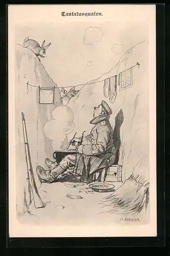 Künstler-AK August Roeseler: Tantalusqualen - Hase lugt zu Soldat in Schützengraben hinunter